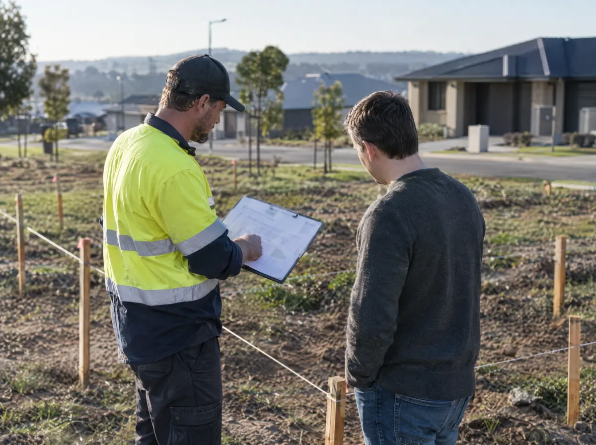A builder and a homeowner reading a site plan on a pegged-out block