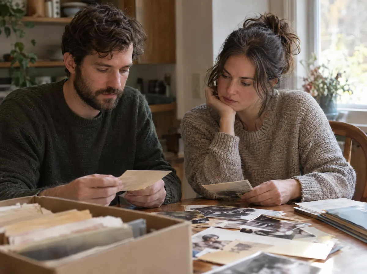 Two adult siblings sorting family papers and photographs at a table