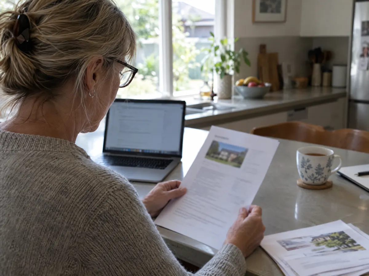 A homeowner reading a printed property document at her kitchen bench